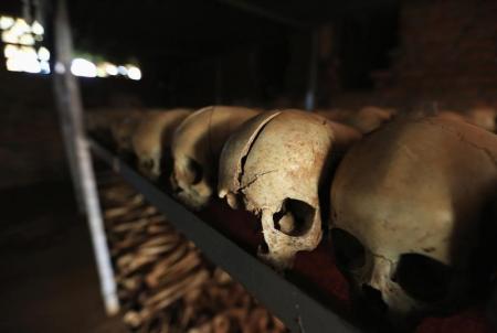 Preserved skulls are spread out on a metal shelf in a Catholic church in Nyamata April 9, 2014.   REUTERS/Noor Khamis