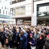 People observe a minute of silence at the crash site at Ahlens department store to remember the victims of Friday's attack on Drottninggatan, Stockholm, Monday,  April 10, 2017. TT NEWS AGENCY/Christine Olsson via REUTERS