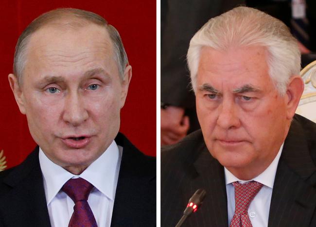 Combination photo of U.S. Secretary of State Rex Tillerson (R) and Russian President Vladimir Putin. REUTERS/Maxim Shemetov