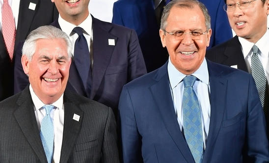 BONN, GERMANY - FEBRUARY 16:  (L-R) U.S. Secretary of State Rex Tillerson and the Russian Foreign Minister Sergei Lavrov stand in the first row together during the family photo of the G20 foreign ministers' meeting on February 16, 2017 in Bonn, Germany. The meeting is the first occasion that high-level diplomats from the world's most influential countries are coming together since the inauguration of new U.S. President Donald Trump.  (Photo by Thomas Lohnes/Getty Images)
