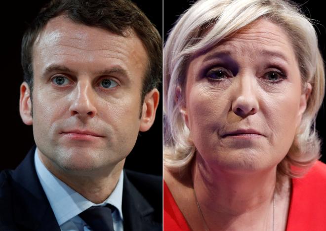 A combination picture shows portraits of the candidates who will run in the second round in the 2017 French presidential election, Emmanuel Macron (L), head of the political movement En Marche !, or Onwards !, and Marine Le Pen, French National Front (FN) political party leader.  Pictures taken March 11, 2017 (R) and February 21, 2017 (L).  REUTERS/Christian Hartmann
