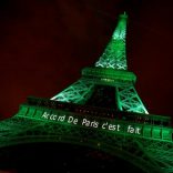FILE PHOTO: The Eiffel tower is illuminated in green with the words "Paris Agreement is Done", to celebrate the Paris U.N. COP21 Climate Change agreement in Paris, France, November 4, 2016. REUTERS/Jacky Naegelen/File Photo