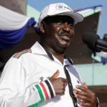 Kenyan opposition leader Raila Odinga of the National Super Alliance (NASA) coalition addresses supporters after he was announced as the presidential candidate for the 2017 general elections during a rally at the Uhuru Park grounds, in Nairobi, Kenya, April 27, 2017. REUTERS/Thomas Mukoya