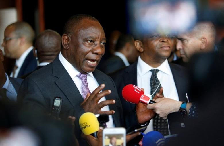 South African Deputy President Cyril Ramaphosa speaks with journalists at the World Economic Forum on Africa 2017 meeting in Durban, South Africa, May 5, 2017. REUTERS/Rogan Ward