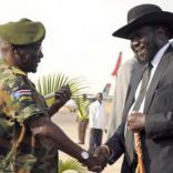 South Sudan's President Salva Kiir is received by Chief of General Staff of the Sudan People's Liberation Army (SPLA) Paul Malong Awan , file. REUTERS/Jok Solomun