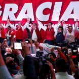 Alfredo del Mazo, Institutional Revolutionary Party (PRI) candidate for the Governor of the State of Mexico gestures with team members during the election day in Toluca, Mexico June 4, 2017. REUTERS/Carlos Jasso