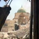 A still image taken from a video shows the destroyed Grand al Nuri Mosque site, said to be shot Mosul, Iraq, June 29, 2017. BROTHERSIRQ/via REUTERS