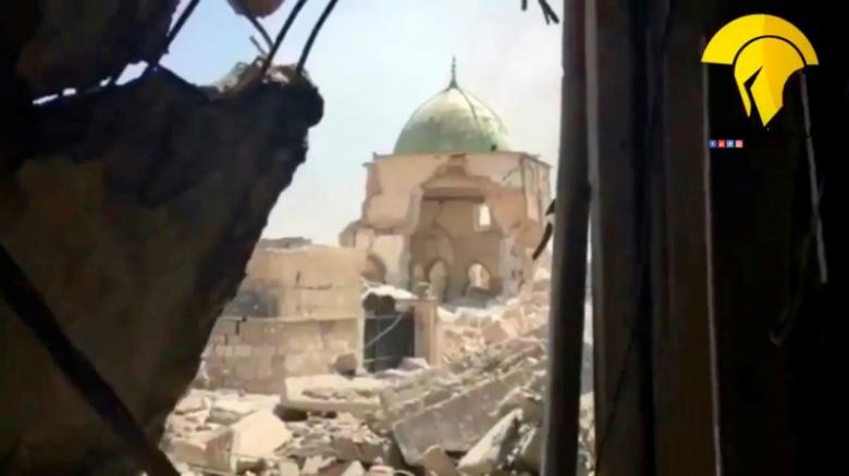 A still image taken from a video shows the destroyed Grand al Nuri Mosque site, said to be shot Mosul, Iraq, June 29, 2017. BROTHERSIRQ/via REUTERS