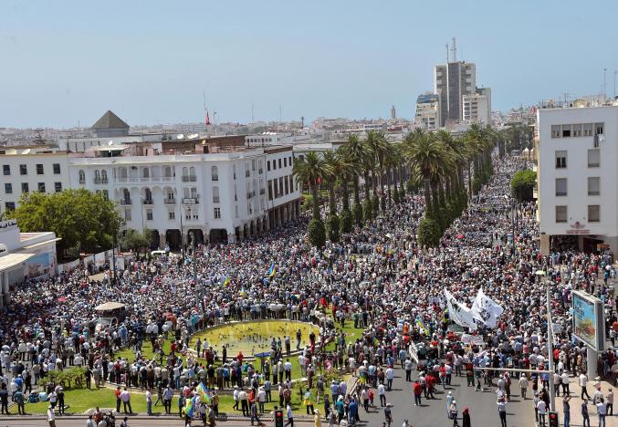 Protesters shout slogans during a demonstration against corruption and official abuses, in the Rif region in Rabat, Morocco June 11, 2017. REUTERS/Stringer