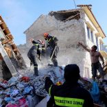 Rescue team members search for victims at a collapsed building in the village of Vrissa on the Greek island of Lesbos, Greece, after a strong earthquake shook the eastern Aegean, June 12, 2017. REUTERS/Giorgos Moutafis