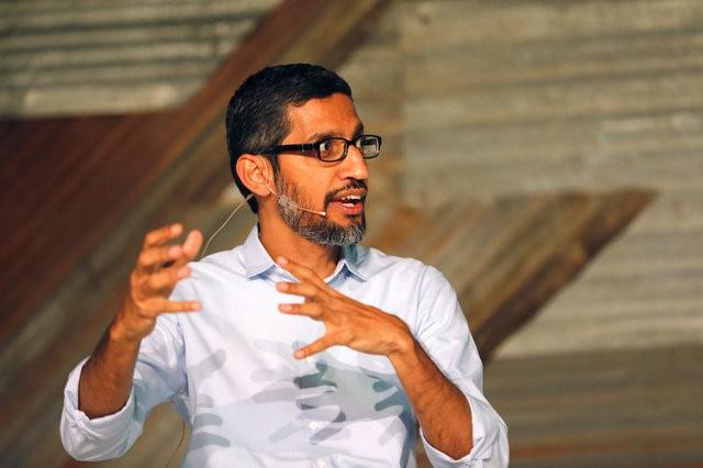 Google's CEO Sundar Pichai speaks on stage during a conference tagged 'Google for Nigeria' in Nigeria's commercial capital Lagos, July 27, 2017. REUTERS/Akintunde Akinleye