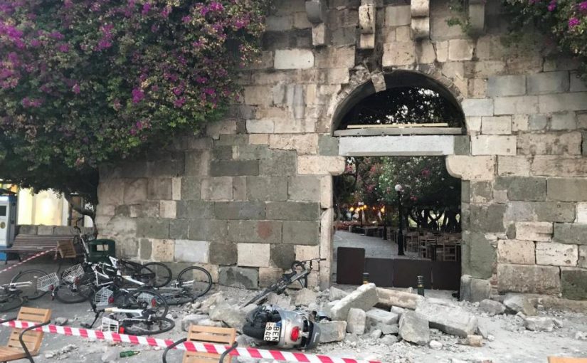 Damage caused by a quake in Kos, Greece, July 21, 2017 is seen in this still photograph uploaded on social media.   Osman Turanli/Social Media/Handout via Reuters
