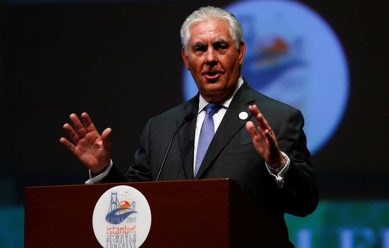 FILE PHOTO: U.S. Secretary of State Rex Tillerson makes a speech during the opening ceremony of the 22nd World Petroleum Congress in Istanbul, Turkey, July 9, 2017. REUTERS/Murad Sezer