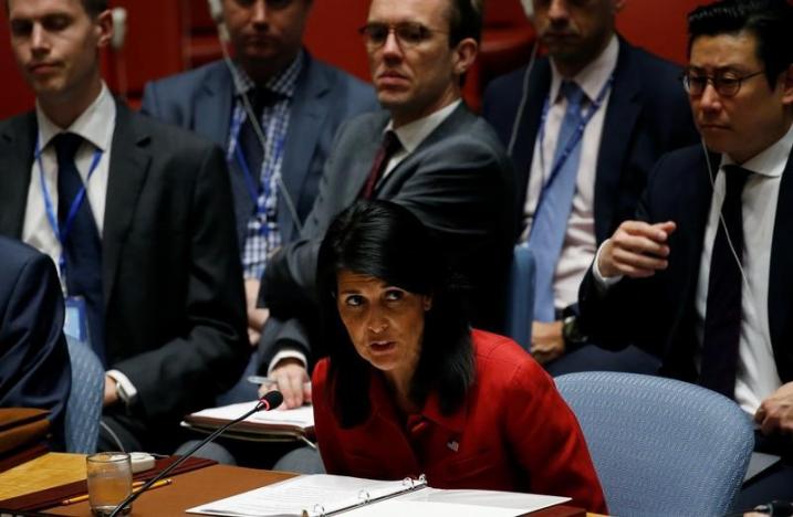 U.S. Ambassador to the United Nations Nikki Haley addresses the U.N. Security Council as it meets to discuss the recent ballistic missile launch by North Korea at U.N. headquarters in New York, U.S., July 5, 2017. REUTERS/Mike Segar