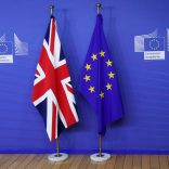 Flags are seen at the EU Commission headquarters ahead of a first full round of talks on Brexit, Britain's divorce terms from the European Union, in Brussels, Belgium July 17, 2017.   REUTERS/Yves Herman