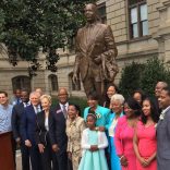 Members of Martin Luther King Jr.'s family and Georgia elected leaders stand in front of the Martin Luther King Jr. statue unveiled in Atlanta, Georgia, U.S., August 28, 2017. REUTERS/David Beasley