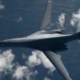One of two U.S. Air Force B-1B Lancer bombers flies a 10-hour mission from Andersen Air Force Base, Guam, into Japanese airspace and over the Korean Peninsula, July 30, 2017.  U.S. Air Force photo/Airman 1st Class Jacob Skovo/Handout via REUTERS.