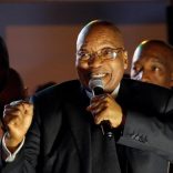 South African President Jacob Zuma addresses his supporters after he survived a no-confidence motion in Cape Town, South Africa, August 8, 2017. REUTERS/Mike Hutchings