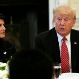 FILE PHOTO: With U.S. Ambassador to the United Nations Nikki Haley at his side (L), U.S. President Donald Trump speaks during a working lunch with ambassadors of countries on the UN Security Council at the White House in Washington, U.S., April 24, 2017.  REUTERS/Kevin Lamarque