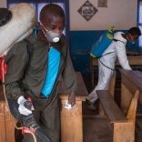 Officers from Ministry of Health spread pesticide against carriers of plague such as fleas in a primary school at Andraisoro, a district of the Antananarivo on October 2, 2017. / AFP PHOTO / RIJASOLO