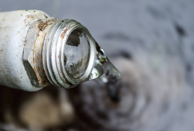 Macro view of a rusty rose with running water into a pool, shallow DOF