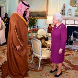 Britain's Queen Elizabeth II greets the Crown Prince of Saudi Arabia Mohammed bin Salman, during a private audience at Buckingham Palace in London, Wednesday March 7, 2018. (Dominic Lipinski/pool via AP)
