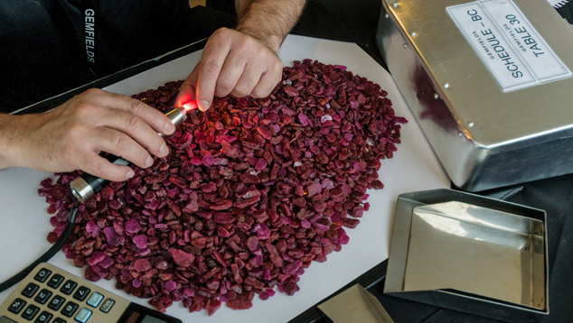 The bulk sampling by Gemfields of the Montepuez ruby deposit produced parcels of rough for auction that covered a wide range of qualities and sizes. This parcel contained 6,820 grams of untreated ruby rough.