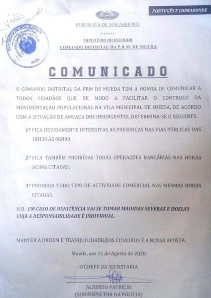 Mozambique Prm Imposes Curfew In Mueda District Capital Due To Armed Conflict Sala Da Paz Club Of Mozambique